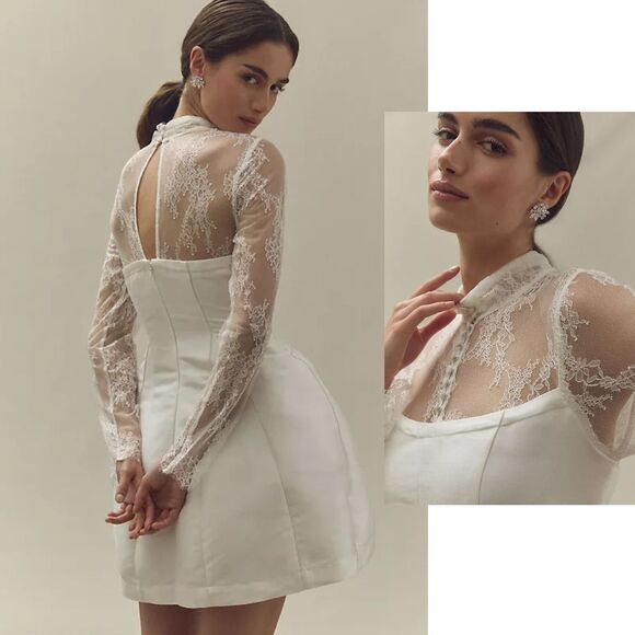 BHLDN Long-Sleeve High-Neck Lace Fit & Flare Mini Dress White 2 NWT - Picture 3 of 11